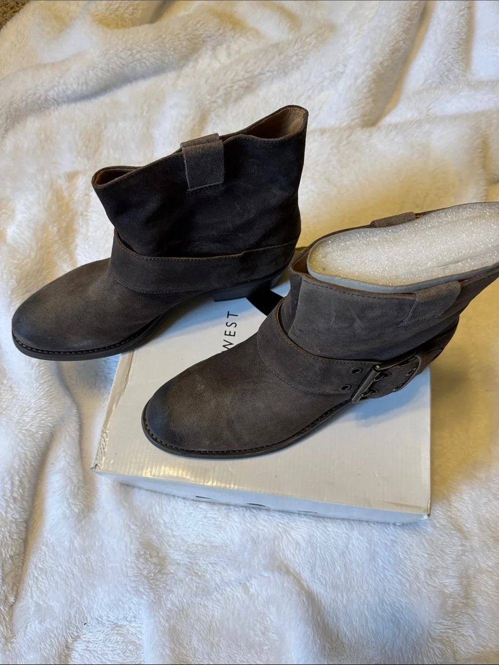 Nine West Gray Taupe Suede Buckle Ankle Boots